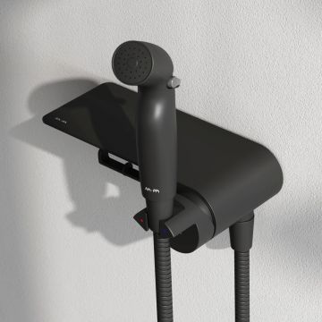 Гигиенический набор со смесителем для душа Am.Pm (Ам.Пм) Func черный, с полкой, F0H8F922