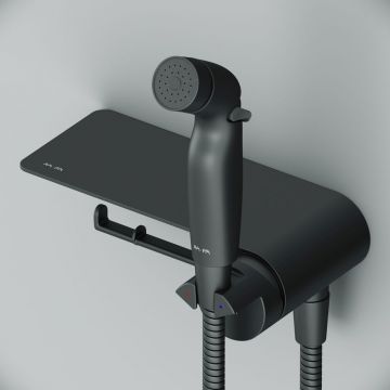 Гигиенический набор со смесителем для душа Am.Pm (Ам.Пм) Func черный, с полкой, F0H8F922