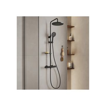 Смеситель термостатический для душа Milardo (Милардо) Ideal Spa со стойкой и тропической лейкой, черный матовый, ILSBLTHM89