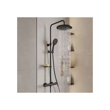 Смеситель термостатический для душа Milardo (Милардо) Ideal Spa со стойкой и тропической лейкой, черный матовый, ILSBLTHM89