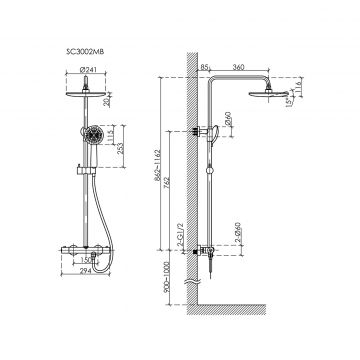 Душевая стойка Sancos (Санкос) Game для душа с термостатическим смесителем, верхним и ручным душем, черный матовый, (SC3002MB)