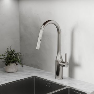 Смеситель для кухни Sancos (Санкос) Grand c вытяжным и поворотным изливом, нержавеющая сталь, (SC4002BNG)