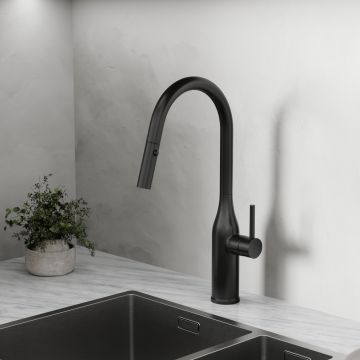 Смеситель для кухни Sancos (Санкос) Grand c вытяжным и поворотным изливом, матовый черный, (SC4002MB)