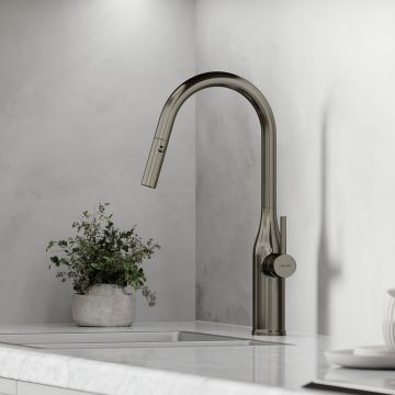 Смеситель для кухни Sancos (Санкос) Grand c вытяжным и поворотным изливом, вороненая сталь, (SC4002GG)