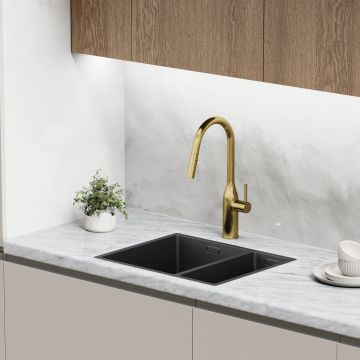 Смеситель для кухни Sancos (Санкос) Grand c вытяжным и поворотным изливом, брашированное золото, (SC4002BG)