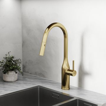 Смеситель для кухни Sancos (Санкос) Grand c вытяжным и поворотным изливом, брашированное золото, (SC4002BG)