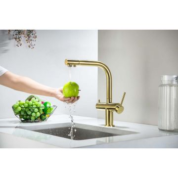 Смеситель Aquatek Европа для кухни с подключением к фильтру питьевой воды, шлифованное золото AQ1385BG