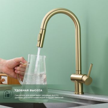 Смеситель для кухни с выдвижным изливом Splenka S204.49.03, золотой сатин