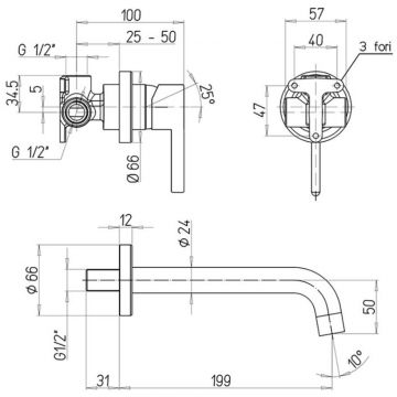 Смеситель для раковины Paini (Паини) Brera встраиваемый 74PJ208 брашированное золото