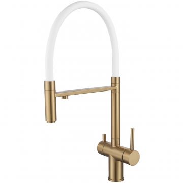Смеситель для кухни с гибким изливом и подключением фильтра Shevanik (Шеваник) , золотой сатин/белый, S178G