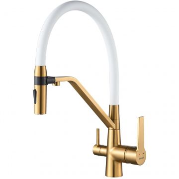 Смеситель для кухни с гибким изливом и подключением фильтра Shevanik (Шеваник) , золотой сатин, S278G