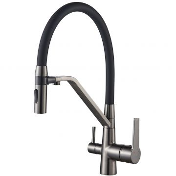 Смеситель для кухни с гибким изливом и подключением фильтра Shevanik (Шеваник) , оружейная сталь, S278T