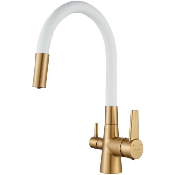 Смеситель для кухни с гибким изливом и подключением фильтра Shevanik (Шеваник) , золотой сатин/белый, S668G