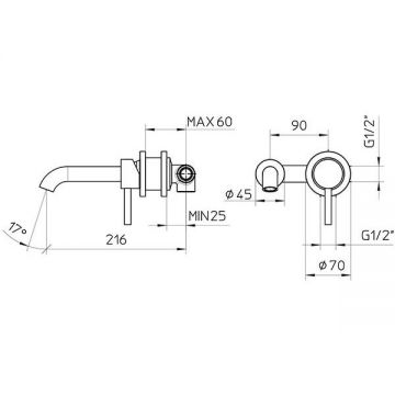 Смеситель Bossini (Боссини) Oki настенный встраиваемый с изливом 22 см, с встроенной частью, цвет черньй матовьй Z005302.073
