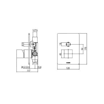 Комплект Bossini (Боссини) CUBE Смеситель для душа встраиваемый 2 выхода внешняя часть Встраиваемая часть смесителя с девиатором 2 направления Z00063.030 и Z00005 хром