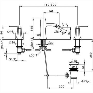 Смеситель Cisal (Кисал) Cherie для биде на 3 отверстия с донным клапаном, цвет: хром/черный матовый CF0012206T