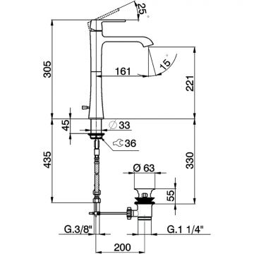 Смеситель Cisal (Кисал) Cherie для биде на 3 отверстия. с донным клапаном, цвет: хром/черный матовый CX0012206T