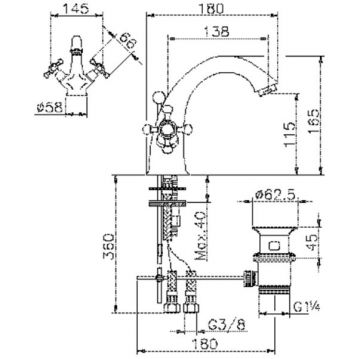 Смеситель Cisal (Кисал) Victorian двухвентильный для раковины на 1 отверстие с донным клапаном, цвет: бронза VT00051027