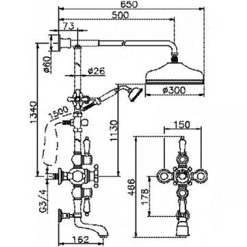 Душевая система Cisal (Кисал) Victorian настенная: термостатический смеситель для ванны, верхний душ Еаsу Сlеаn, ручной душ с держателем и шлангом, цвет: хром 592.VN32H.CR