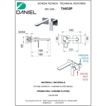 Смеситель Daniel (Дэниел) Tiara, встраиваемый в стену, однорычажный, излив 16,8 см, графит, TA632P-GO