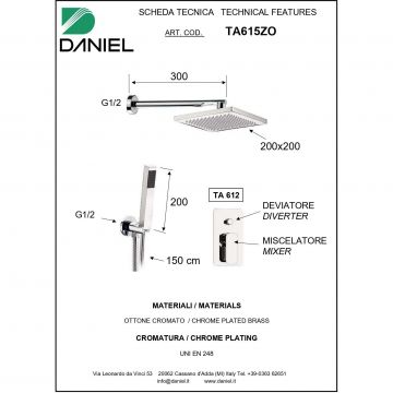 Душевой комплект Daniel (Дэниел) Tiara, на 2 потребителя, с кронштейном 30 см и квадратным верхним душем 20х20 см, золото, TA615ZOL-DO
