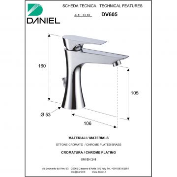 Смеситель однорычажный Daniel (Дэниел) Diva, излив 10,6 см, с донным клапаном, хром, DV605-CR