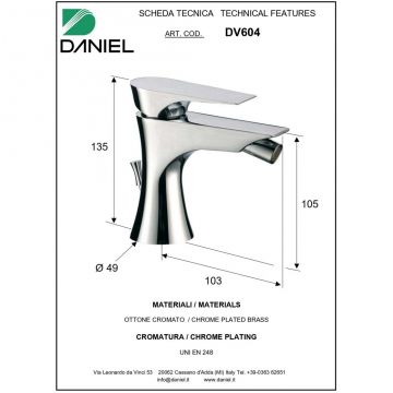 Смеситель для биде Daniel Diva, однорычажный с донным клапаном, цвет хром DV604-CR