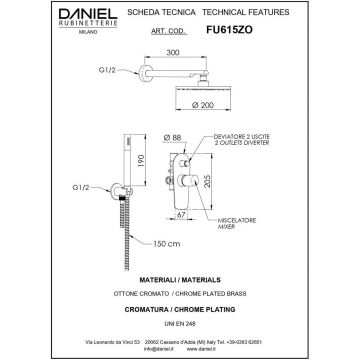 Душевой комплект Daniel Fusion, на 2 потребителя, с кронштейном 30 см и круглым верхним душем 20 см, цвет глянцевая медь FU615ZO-RL