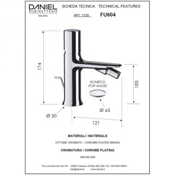 Смеситель для биде Daniel (Дэниел) Fusion, однорычажный с донным клапаном, цвет цвет графит FU604-GO