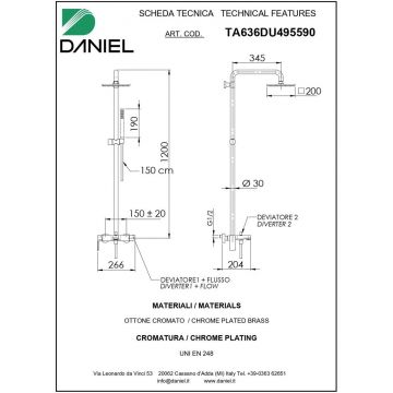 Душевая колонна Daniel (Дэниел) Tiara, не регулируемая по высоте, c изливом и квадратным верхним душем 20х20 см, цвет черный матовый TA636DU495590-15