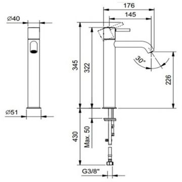 Смеситель Fantini (Фантини) Nostromo для раковины, 1 отверстие, без донного клапана, излив 145 мм, цвет: черный матовый 50 13 E806WF