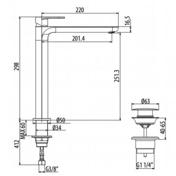 Смеситель Gattoni (Гаттони) H2Omix7000 для раковины высокий 298 мм, с донным клапаном, излив 201, 4 мм цвет: черный матовый 7007070NO