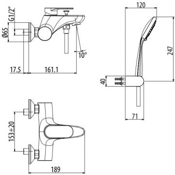 Смеситель Gattoni (Гаттони) H2Omix7000 для ванны настенный однорычажный, с ручной лейкой и держателем, цвет: черный матовый 7000070NO