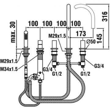 Смеситель Laufen (Лауфен) Kartell на борт ванны, на 5 отверстия, с ручным душем, излив 173 мм, цвет: хром 3.2233.5.004.282.1