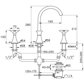 Смеситель Stella (Стелла) 130 для раковины на 3 отверстия 3225, с донным клапаном, цвет: хром CT 00015 CR00