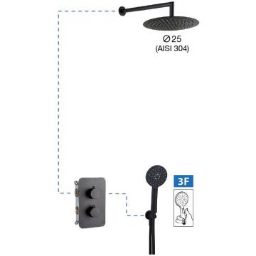 Душевой комплект AQG (АКУГ) Aqua, на 2 потребителя:c термостатом, с круглым верхним душем 25х25 см и кронштейном, цвет черный матовый 19AQTER22505