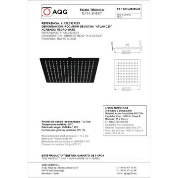Душевой комплект AQG Alpha, на 2 потребителя, с квадратным верхним душем 25х25 см и потолочным кронштейном 20 см, черный матовый, 19ALPEC21805