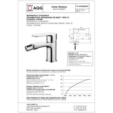 Смеситель для биде AQG VENT-i2, однорычажный без донного клапана, цвет хром 01VE2200CR