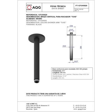 Душевой комплект AQG Beta, на 2 потребителя, с круглым верхним душем 25 см и потолочным кронштейном 20 см, черный матовый, 19BETER21705
