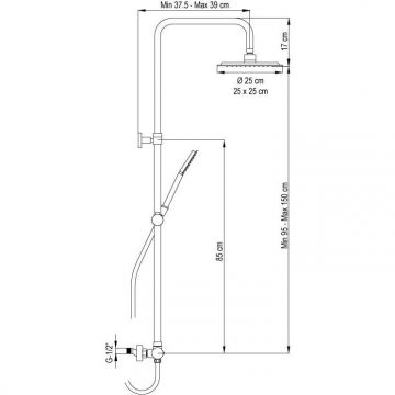 Душевая колонна AQG (АКУГ) Alpha, регулируемая по высоте 95-150 см: со складным изливом и квадратным душем, цвет никель сатин (PVD) 21NITC25ASB11