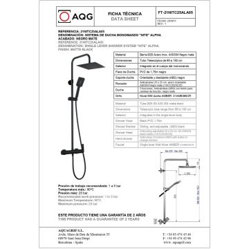 Душевая колонна AQG Alpha, регулируемая по высоте 95-150 см, со смесителем и квадратным верхним душем 25х25 см, черный матовый, 21NITC25ALA05