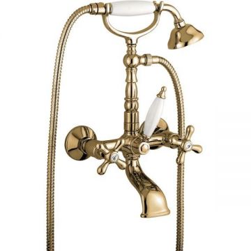 Смеситель для ванны Emmevi (Эммеви) Deco Old, двухвентильный, излив 14 см, с набором для душа (лейка и дивертер с белой ручкой), бронза, 12611/BR
