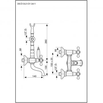 Смеситель для ванны Emmevi (Эммеви) Deco Old, двухвентильный, излив 14 см, с набором для душа (лейка и дивертер с белой ручкой), бронза, 12611/BR