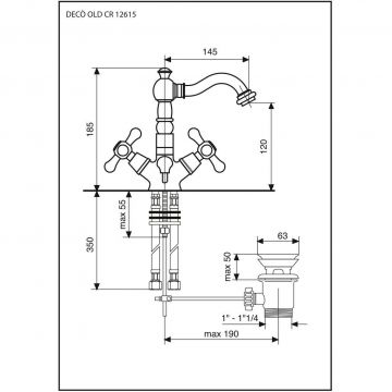 Смеситель Emmevi (Эммеви) Deco Old, двухвентильный для раковины (излив 14,5 см), с донным клапаном, хром, 12615/CR