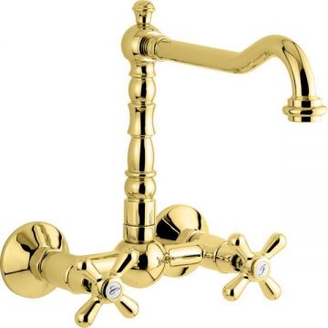 Настенный двухвентильный кухонный смеситель Emmevi (Эммеви) Deco Old, поворотный излив 22,5 см, золото, 12645/OR