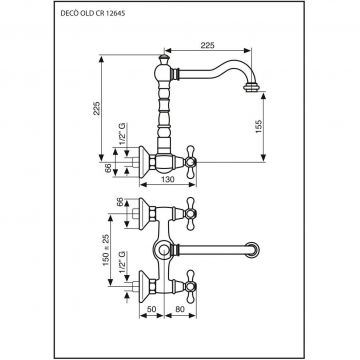 Настенный двухвентильный кухонный смеситель Emmevi (Эммеви) Deco Old, поворотный излив 22,5 см, золото, 12645/OR