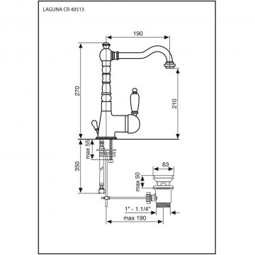 Смеситель однорычажный Emmevi (Эммеви) Laguna, излив 19 см, с донным клапаном, хром, 40513/CR