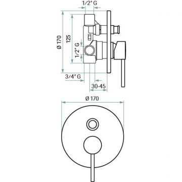 Смеситель Emmevi (Эммеви) Piper, однорычажный, встраиваемый, для душа на 2 выхода с кнопочным дивертером, хром, 45019/CR
