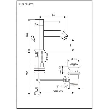 Смеситель однорычажный Emmevi (Эммеви) Piper, с донным клапаном, хром, 45003/CR