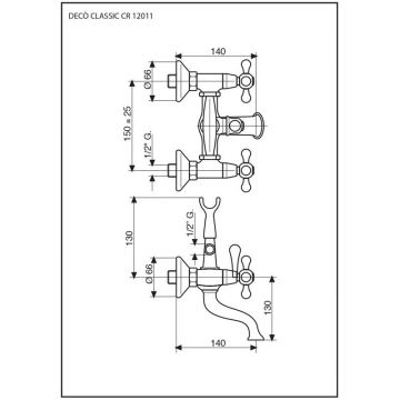 Смеситель для ванны Emmevi (Эммеви) Deco Classic, двухвентильный (излив 14 см), с набором для душа, цвет бронза 12011/BR